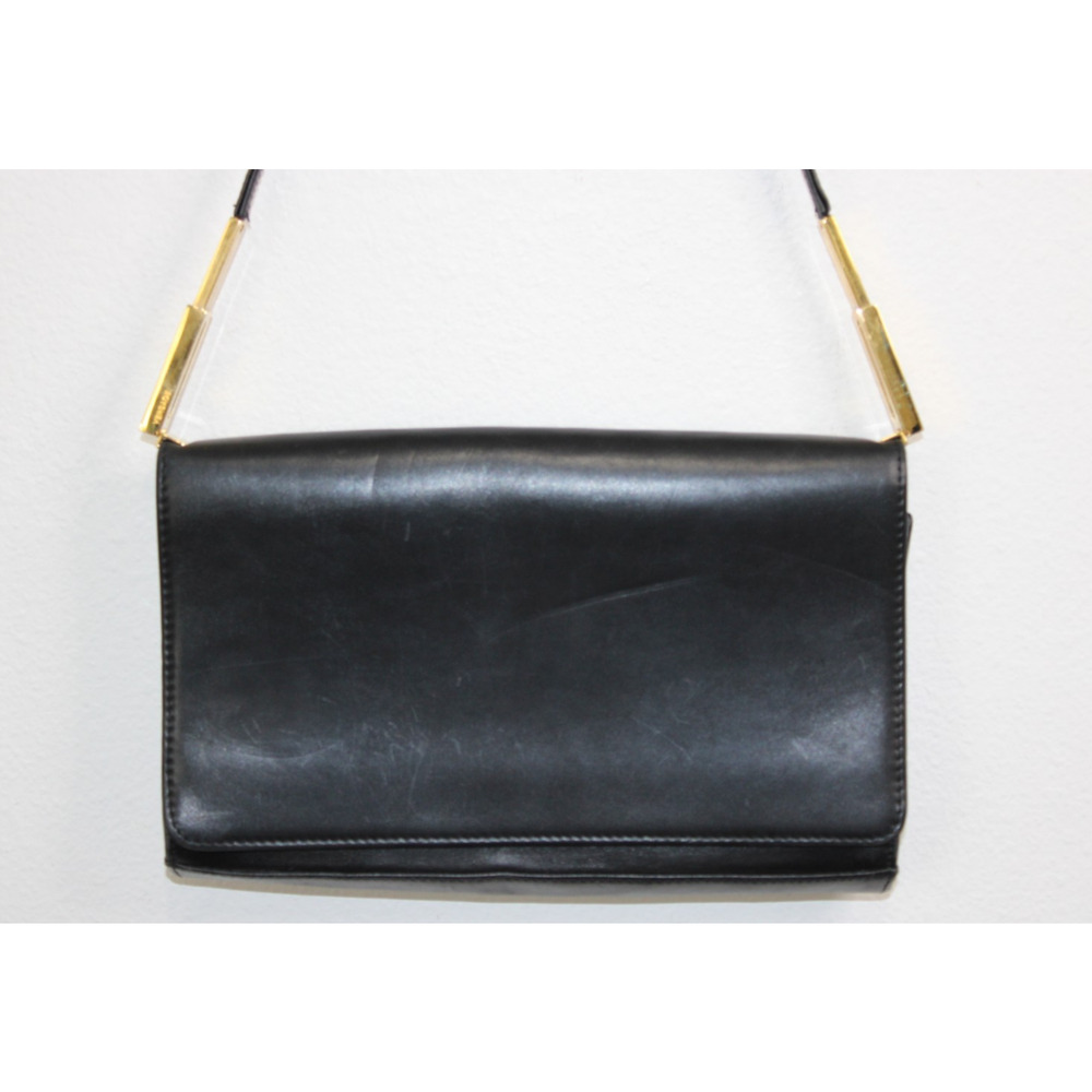 Vintage Gianni Versace Shoulder Bag Black Leather Purse Gold Metal Logo Classic